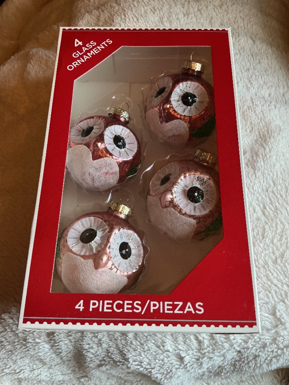 4 Piece Set Holiday Time Glass Christmas Tree Ball Ornaments Owls With Glitter
